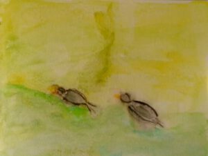 Entenpaar auf gelb-grüner Wiese