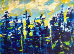 in Acryl gemalter blauer Wald mit gelben Farbakzenten
