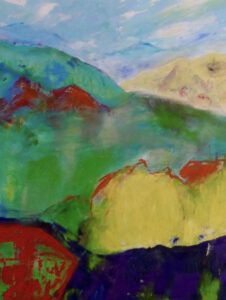 abstrakte Darstellung von einer Berglandschaft in den Farben Türkis, Blau, Gelb und Rot