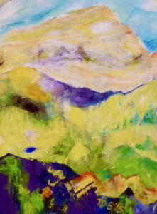 Acryl Gemälde einer kleinen Berghütte vor einer in gelb gemalten Berglandschaft